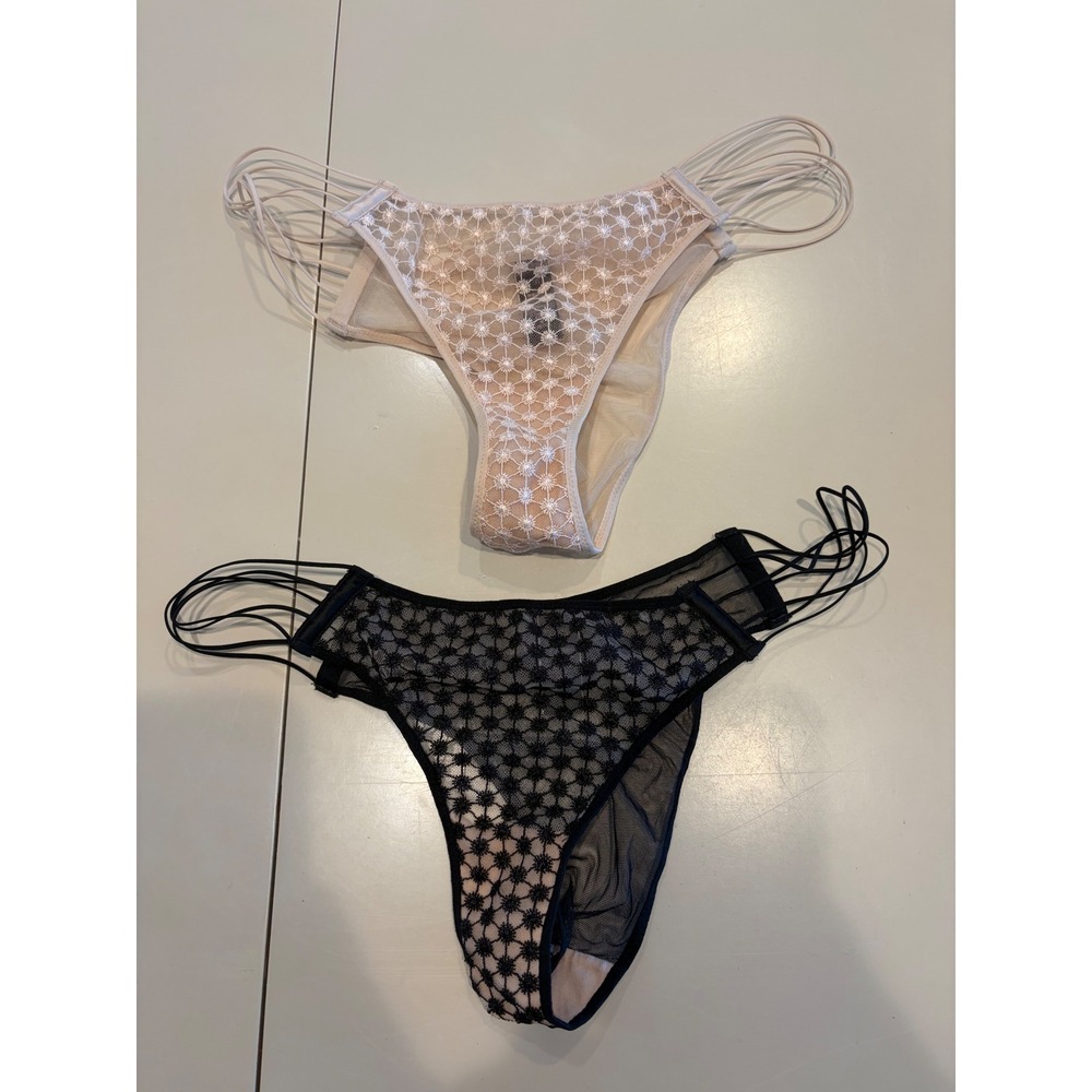 Victorias Secret 2Pk Daisy Embroidered Strappy Tanga Panties Black Nude Size M